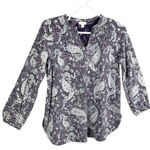 Pure Jill Women M Paisley Print Long Sleeve Purple Blue Tunic Top Bohemian Artsy